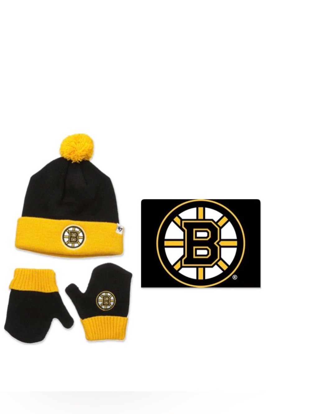 NWT [‘47] Boston Bruins NHL Beanie Winter Hat & Mittens Set Black/Gold, Infant